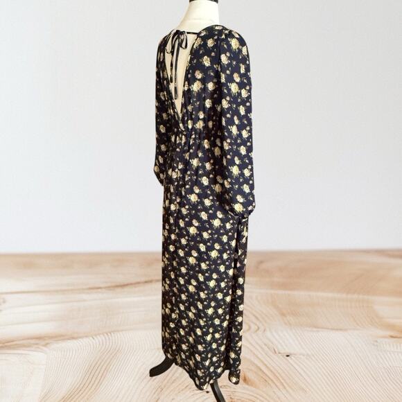 Promesa Maxi Dress Black Floral Sz M Long Balloon Sleeves Back Neck Tie Packable - Picture 9 of 12